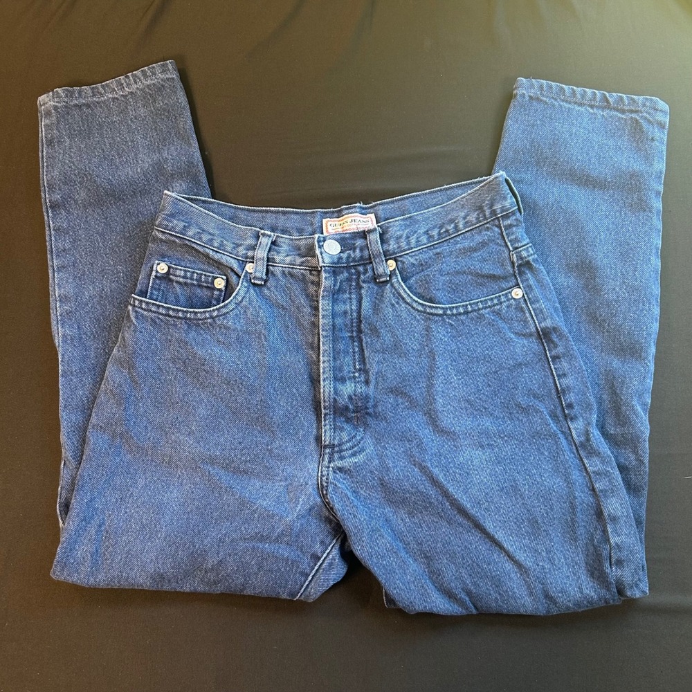vintage 80s guess 28 button fly cropped high rise denim jeans usa made mom jeans